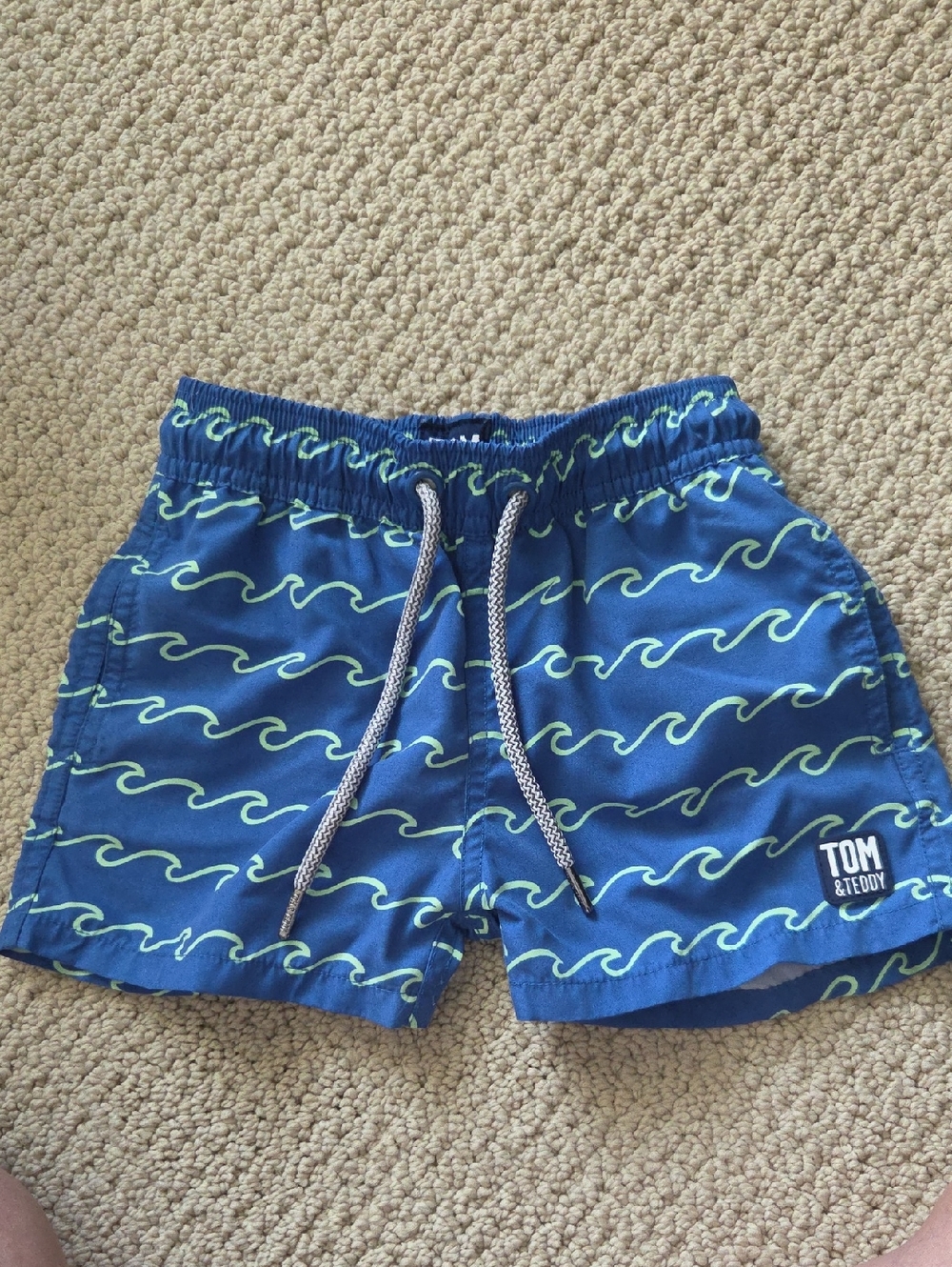 Tom & Teddy Navy and Lime Wave Pattern Kids Swim Trunks